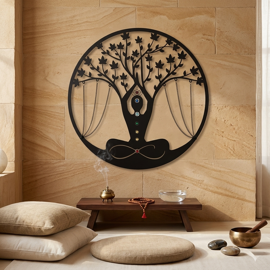 Handmade metal yoga meditation wall décor with elegant European-inspired design for peaceful home and studio interiors