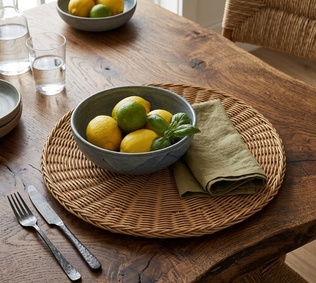 Set of 6 woven rattan placemats, 18 cm round light brown coasters for table protection and décor. 🍽️✨