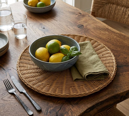 Set of 6 woven rattan placemats, 18 cm round light brown coasters for table protection and décor. 🍽️✨