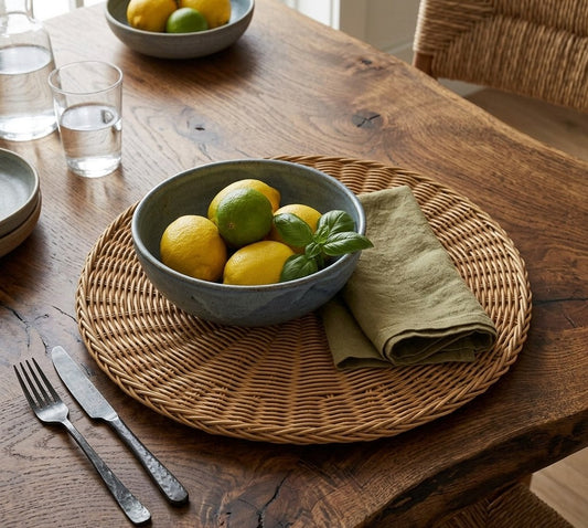 Set of 6 woven rattan placemats, 18 cm round light brown coasters for table protection and décor. 🍽️✨