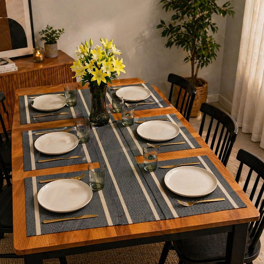 PVC table runner with 6 matching placemats, waterproof dining table set for home use.