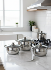 12-piece Stainless steel sufuria cookware set with multiple pot sizes.