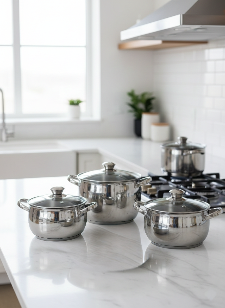 12-piece Stainless steel sufuria cookware set with multiple pot sizes.