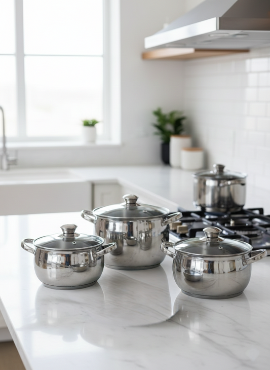 12-piece Stainless steel sufuria cookware set with multiple pot sizes.