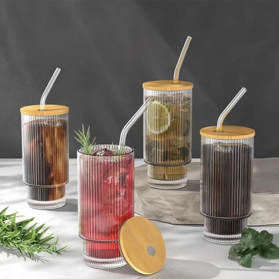 9-Piece Glass Smoothie Cup Set with Bamboo Lids