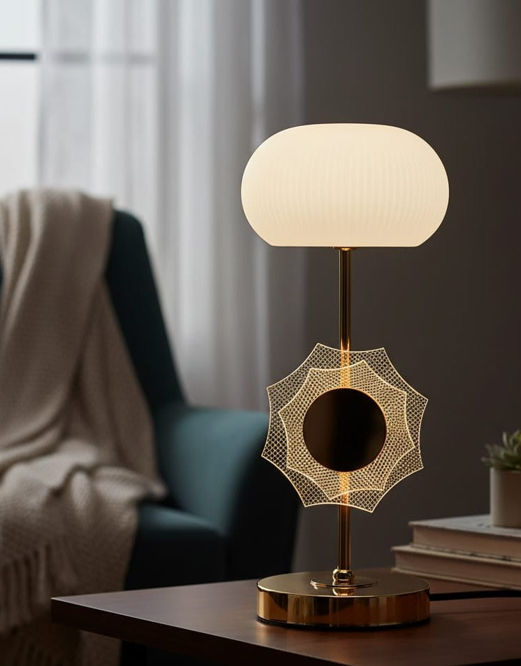 Modern decorative table lamp with white glass shade and warm glow