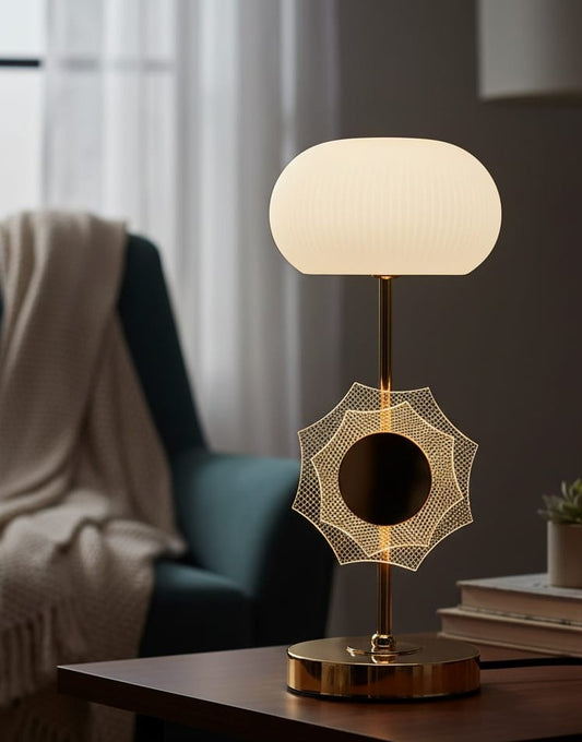 Modern decorative table lamp with white glass shade and warm glow