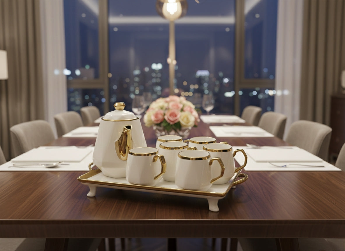 Ceramic tea set with tray for serving tea