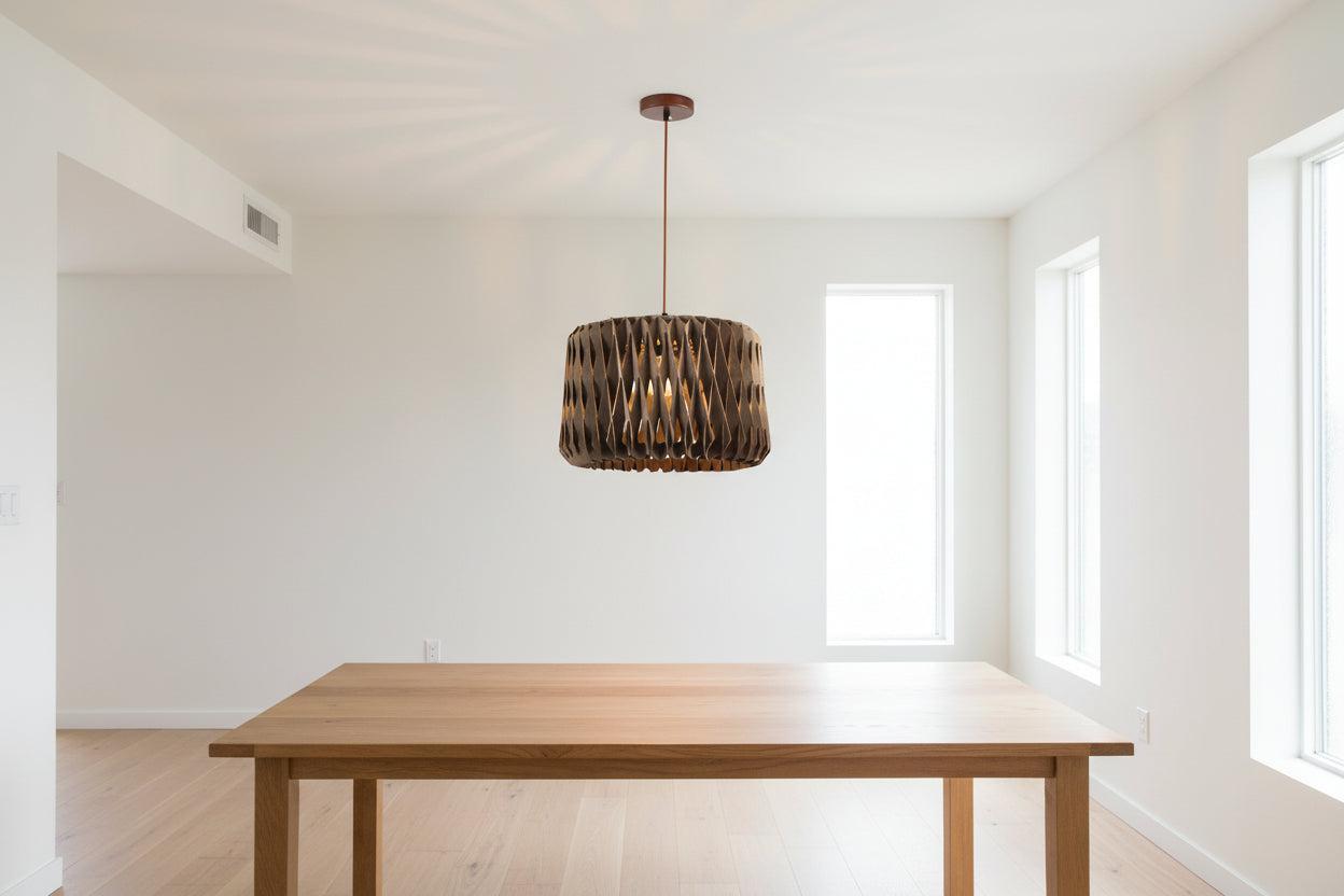 Walnut wood pendant lamp with wide 45 cm shade and E27 holder for warm indoor lighting
