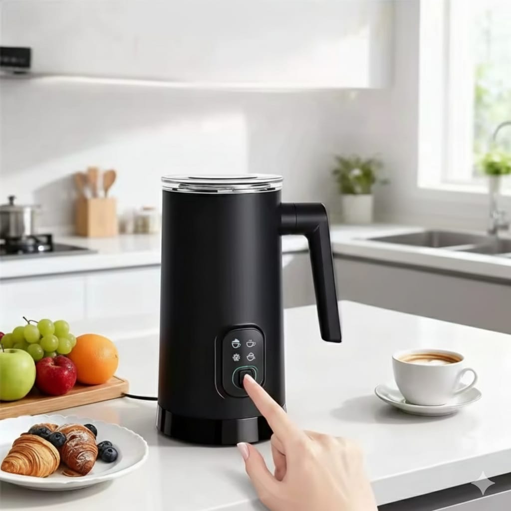 Electric 4-in-1 milk frother and steamer black automatic warm and cold foam maker for latte, cappuccino, and hot chocolate.