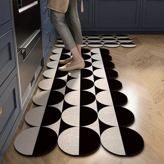 Two-piece super absorbent kitchen mat set with non-slip rubber bottom, sizes 50×80 cm and 50×160 cm.