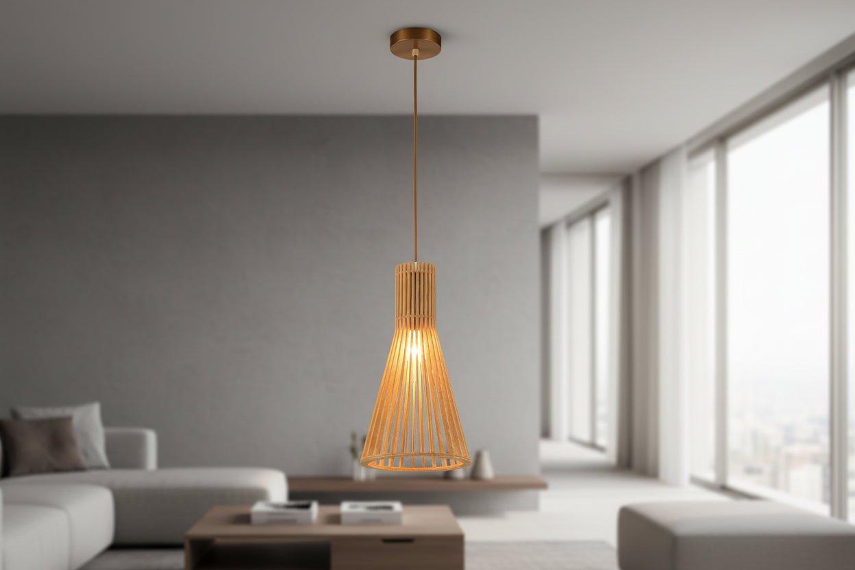 Tall wood finish pendant ceiling lamp with E27 holder and hanging cord for indoor lighting
