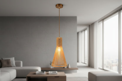 Tall wood finish pendant ceiling lamp with E27 holder and hanging cord for indoor lighting