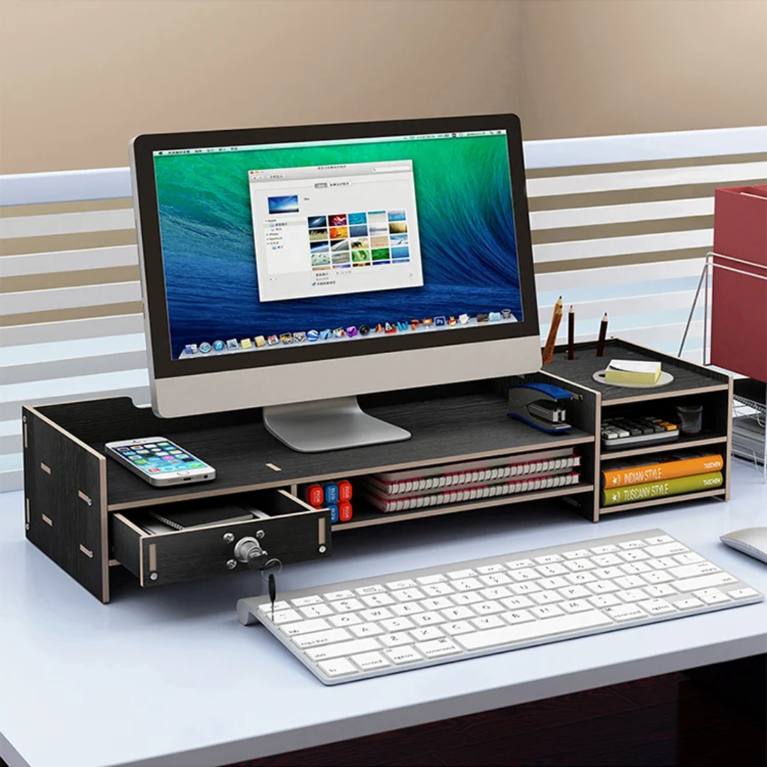 Desktop Bamboo Monitor Stand Riser with Desk Storage Organizer