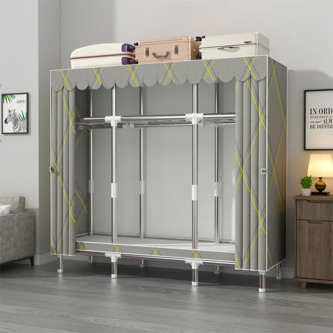 Heavy duty metallic portable wardrobe with dustproof curtain and top storage space
