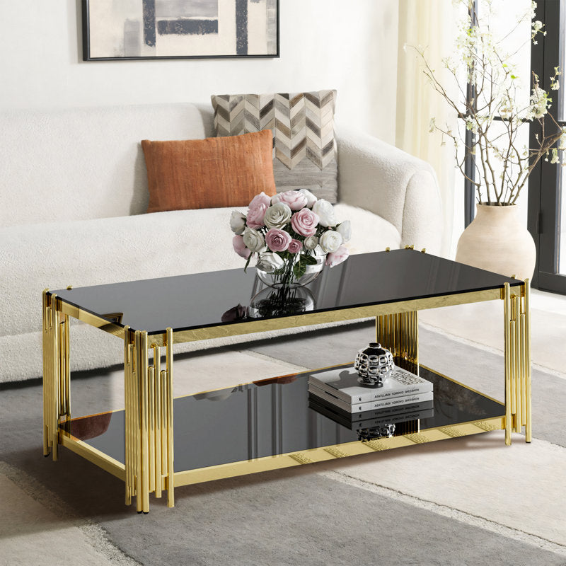 Rectangular tempered glass coffee table with golden metallic stands
