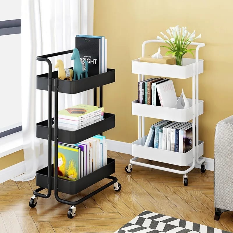 3-tier full metal rolling storage trolley with wheels in black and white for kitchen, bathroom, salon, and home organization.