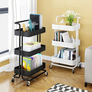 3-tier full metal rolling storage trolley with wheels in black and white for kitchen, bathroom, salon, and home organization.