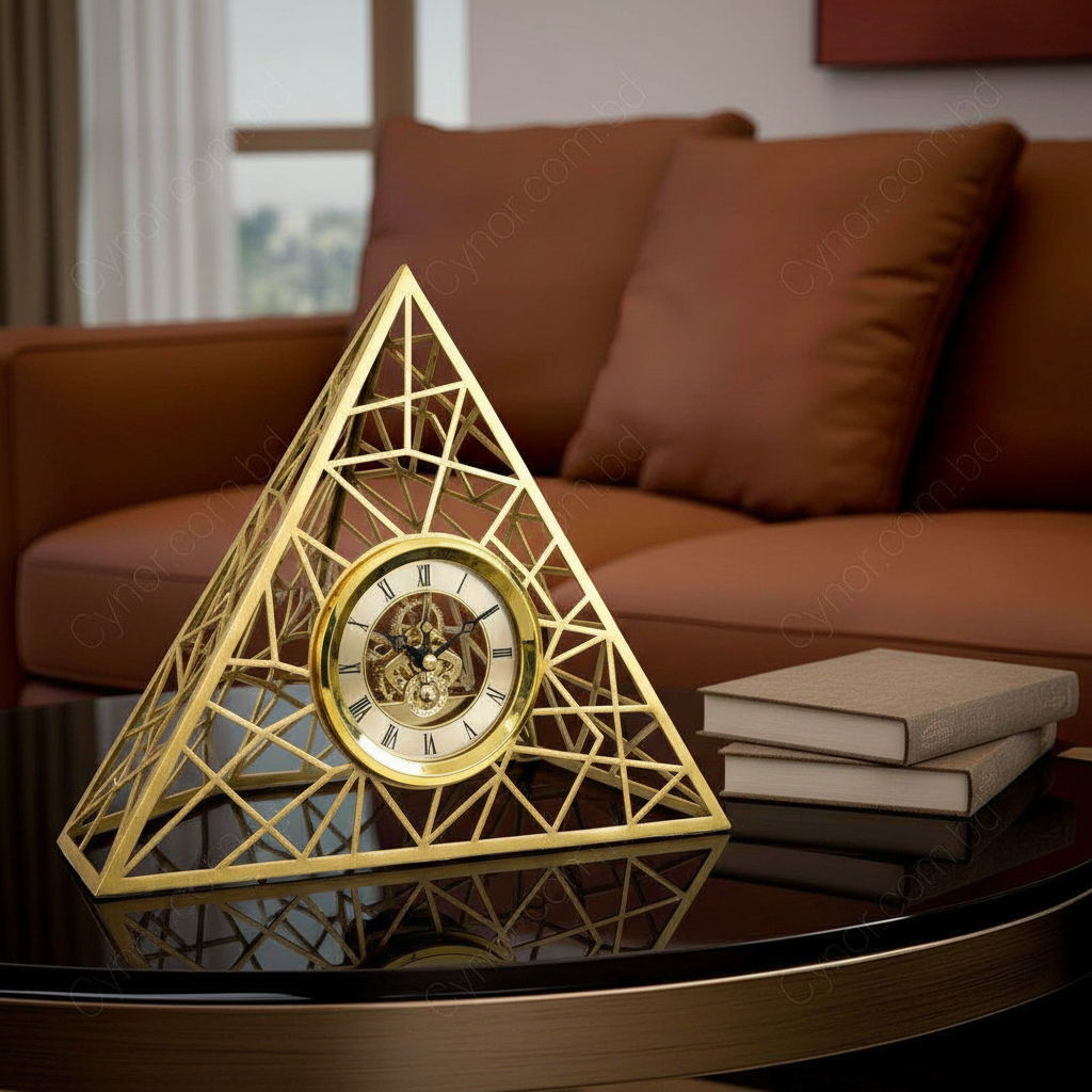 Golden pyramid shaped metallic desktop clock for desk and home decor