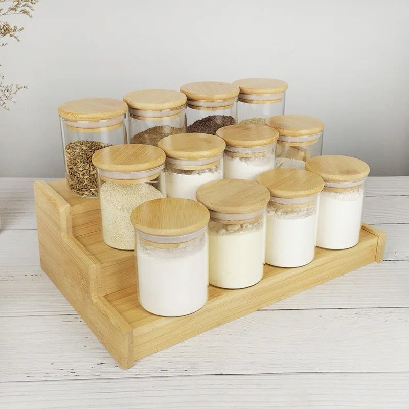 12-piece glass spice jar set with bamboo lids and matching stand for kitchen organization