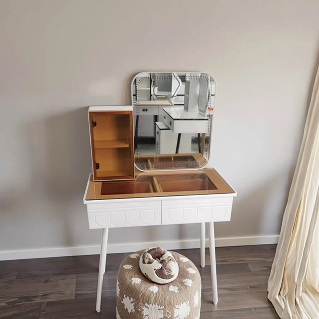 LED vanity dressing table with touch control mirror storage drawers and side display cabinet for makeup skincare accessories and bedroom organisation.