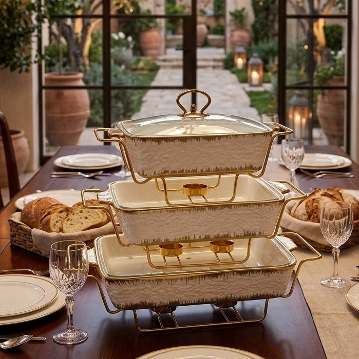 Three piece ceramic chafing dish set for serving and keeping food warm.