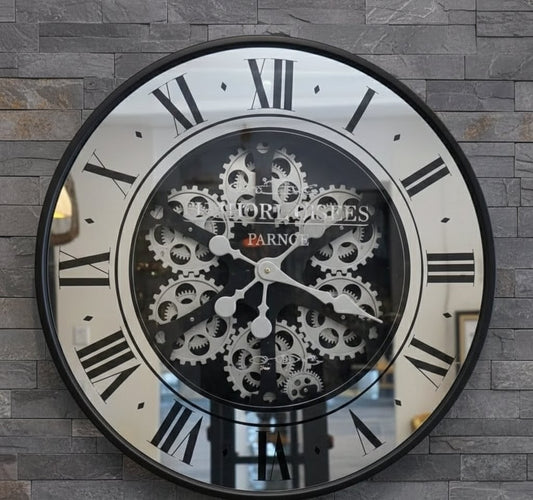 60cm contemporary vintage wall clock with exposed gear design and modern round frame