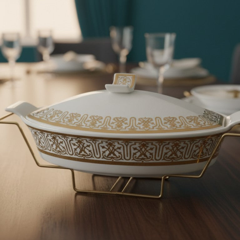 Ceramic chafing dish with golden stand and burner