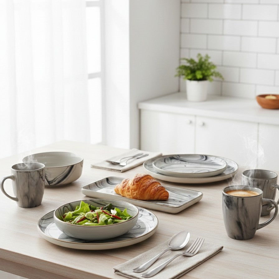 26-piece Marble dinner set including cups, plates, bowls, and platters.