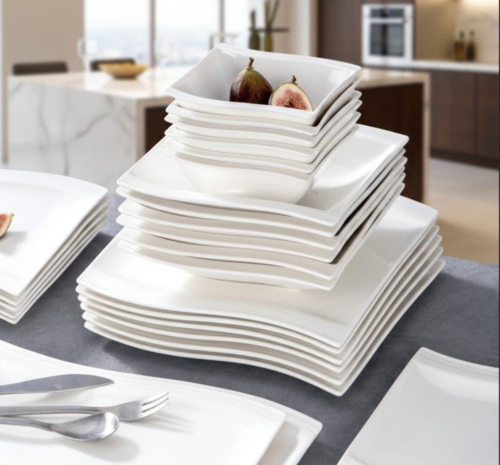 18-piece white ceramic square dinner set with lined design including plates and bowls