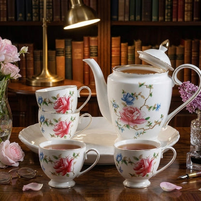 Porcelain Tea Set with Rose Pattern 8pcs Rotating Tray
