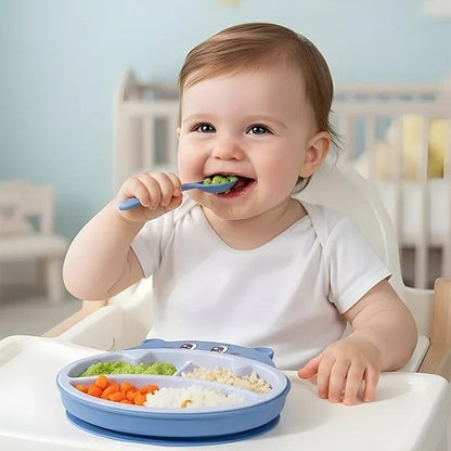 Hippo themed 5pcs kids tableware set with divided plate, spoon and fork in blue color, BPA free. 🐘