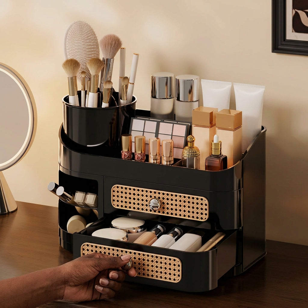 Black Makeup Storage Organiser with Rotating Brush Holder
