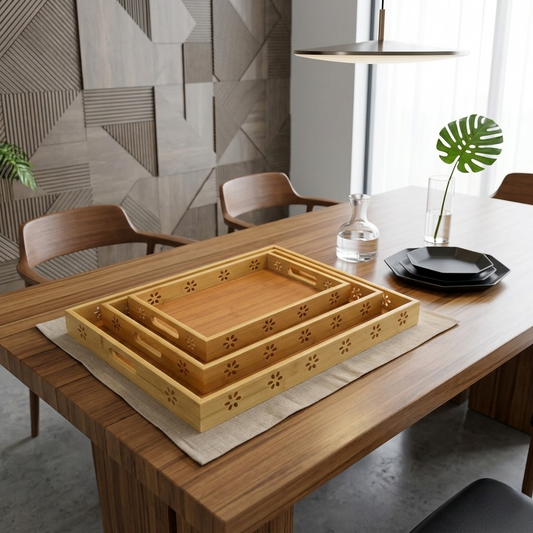 3 in 1 Multi-functional bamboo tray set for serving, organizing, and home décor use
