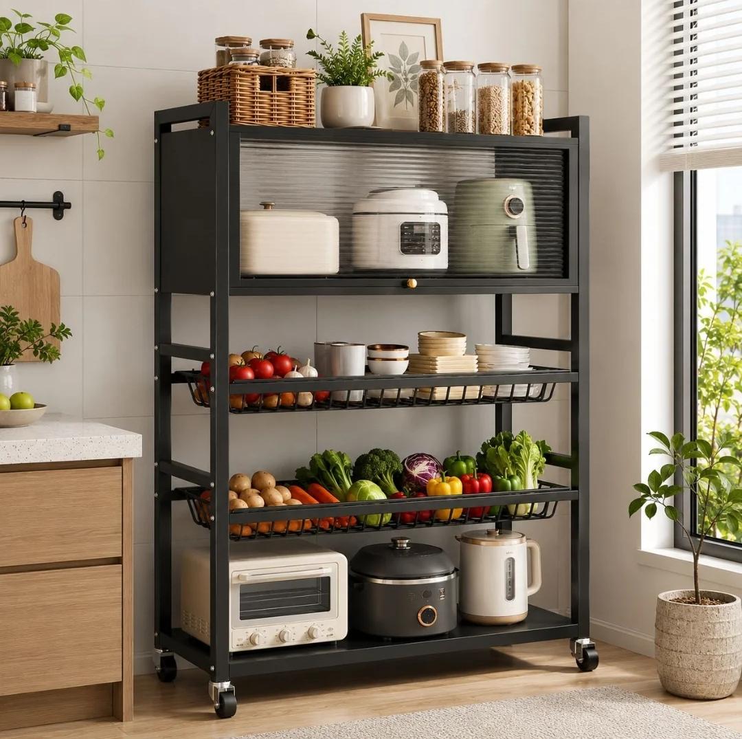 3 Layer Kitchen Storage Rack with Cabinet and Wheels