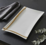 2 piece ceramic serving platter set with white finish and gold line trim including 14 inch and 12 inch rectangular serving trays for dining entertaining desserts and appetisers.