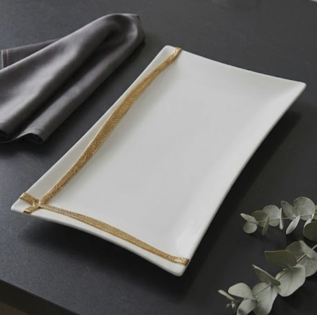 2 piece ceramic serving platter set with white finish and gold line trim including 14 inch and 12 inch rectangular serving trays for dining entertaining desserts and appetisers.