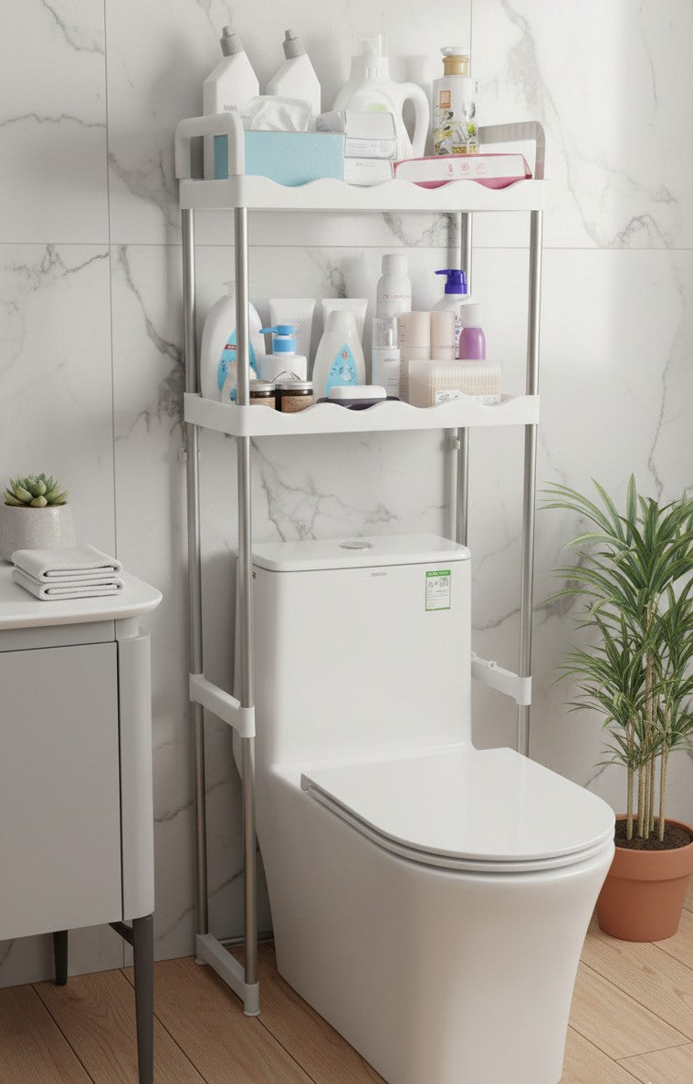 White plastic two-tier over-the-toilet storage rack with adjustable shelves and three hooks