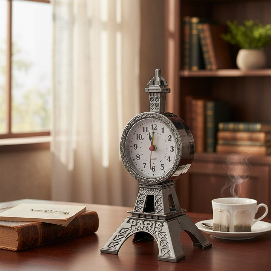 Eiffel Tower–shaped alarm clock in gold and silver