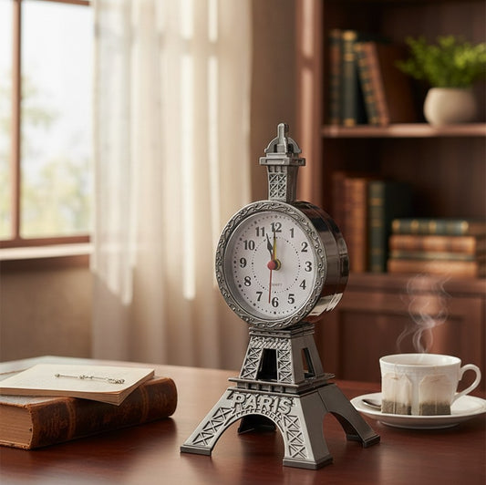 Eiffel Tower–shaped alarm clock in gold and silver