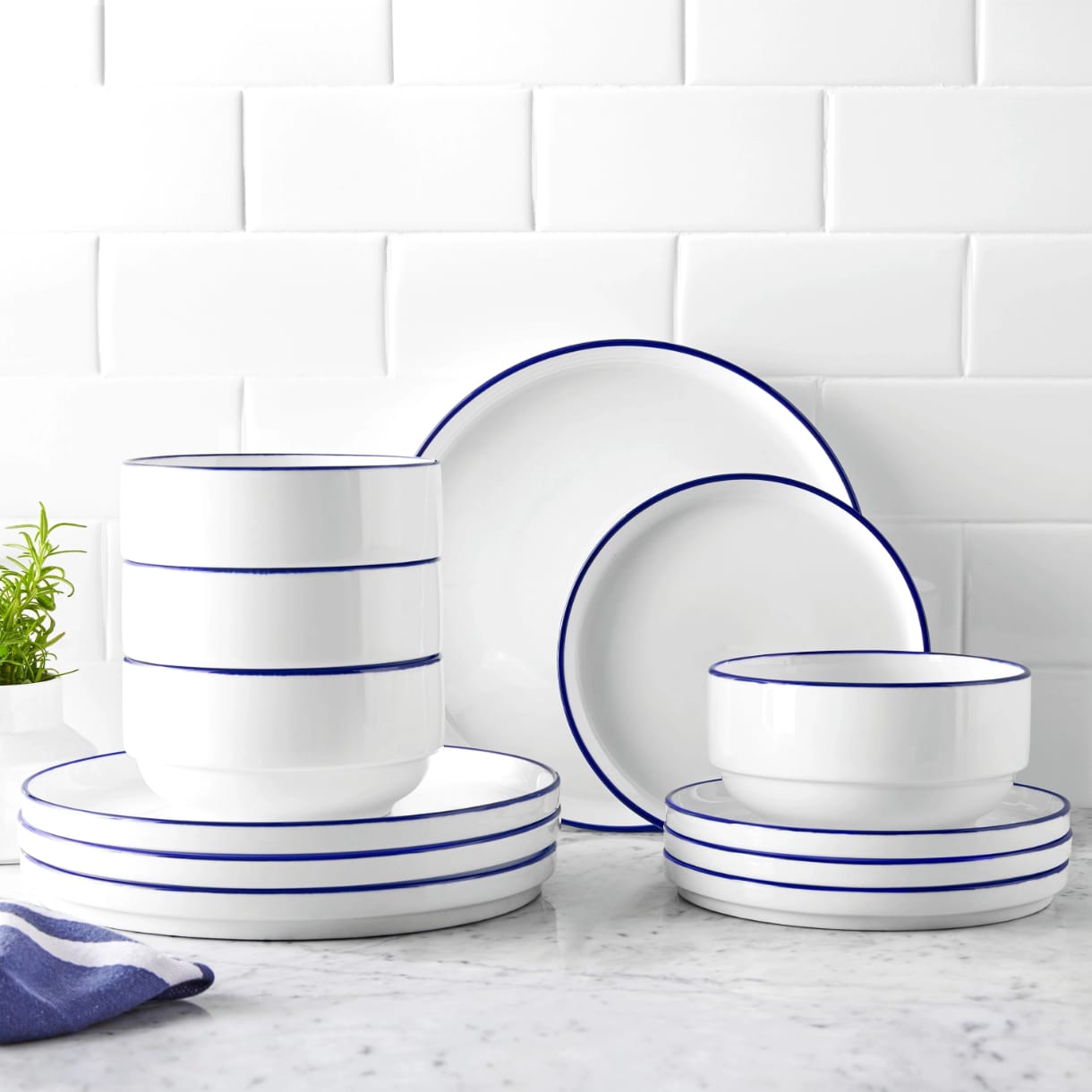 12pc Blue Rimmed Dinner Set