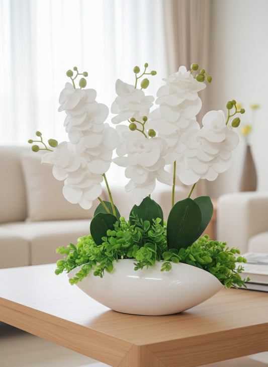 Artificial orchids arrangement in an unbreakable fibreglass vase, 45cm tall.