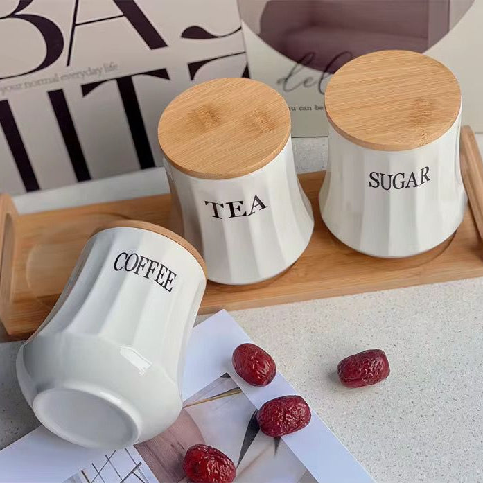Ceramic Tea Coffee Sugar Canister Set with Bamboo Stand