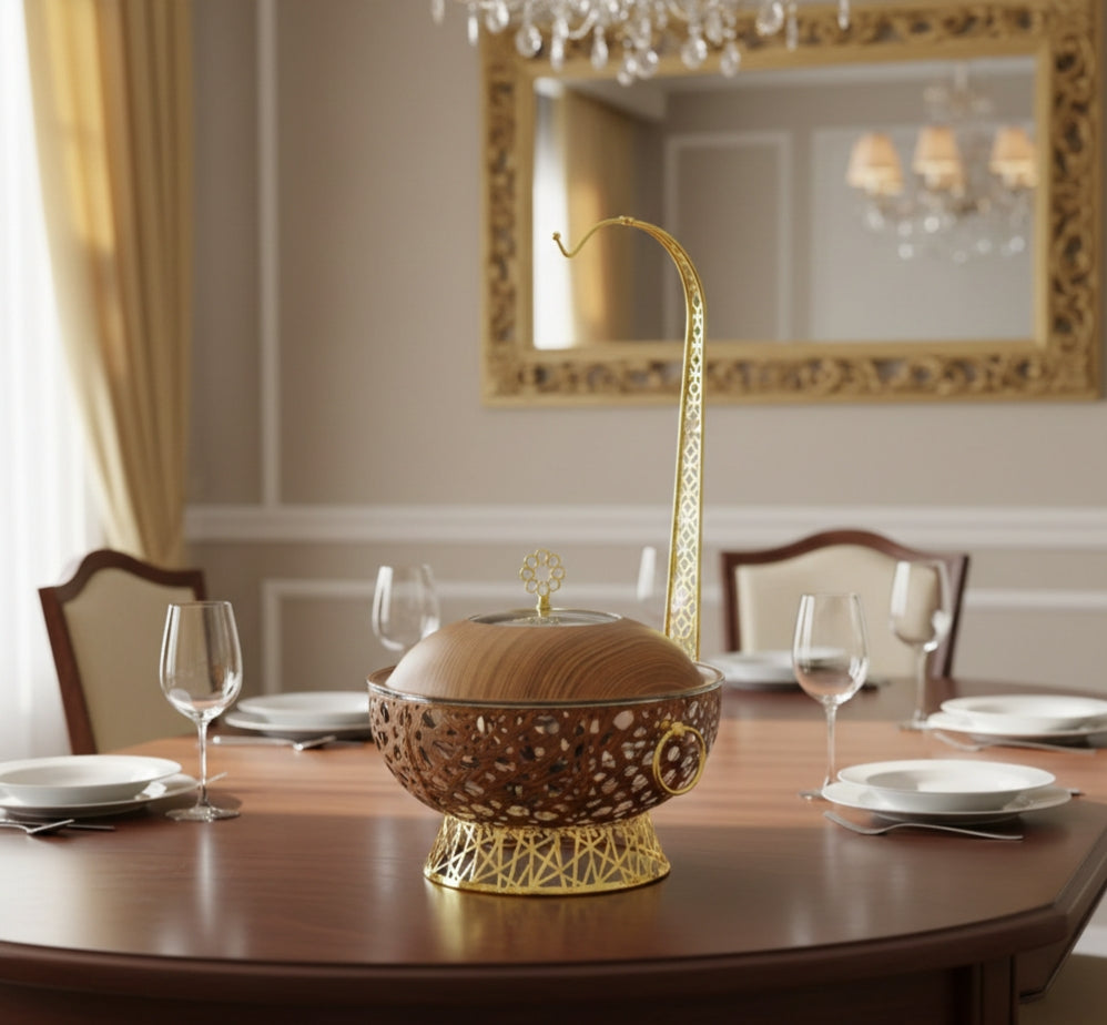 8.0L round chaffing dish buffet food warmer with transparent lid and heating stove.