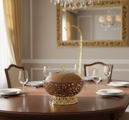 8.0L round chaffing dish buffet food warmer with transparent lid and heating stove.