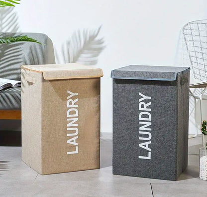 Large foldable laundry basket with lid and handles for home storage.