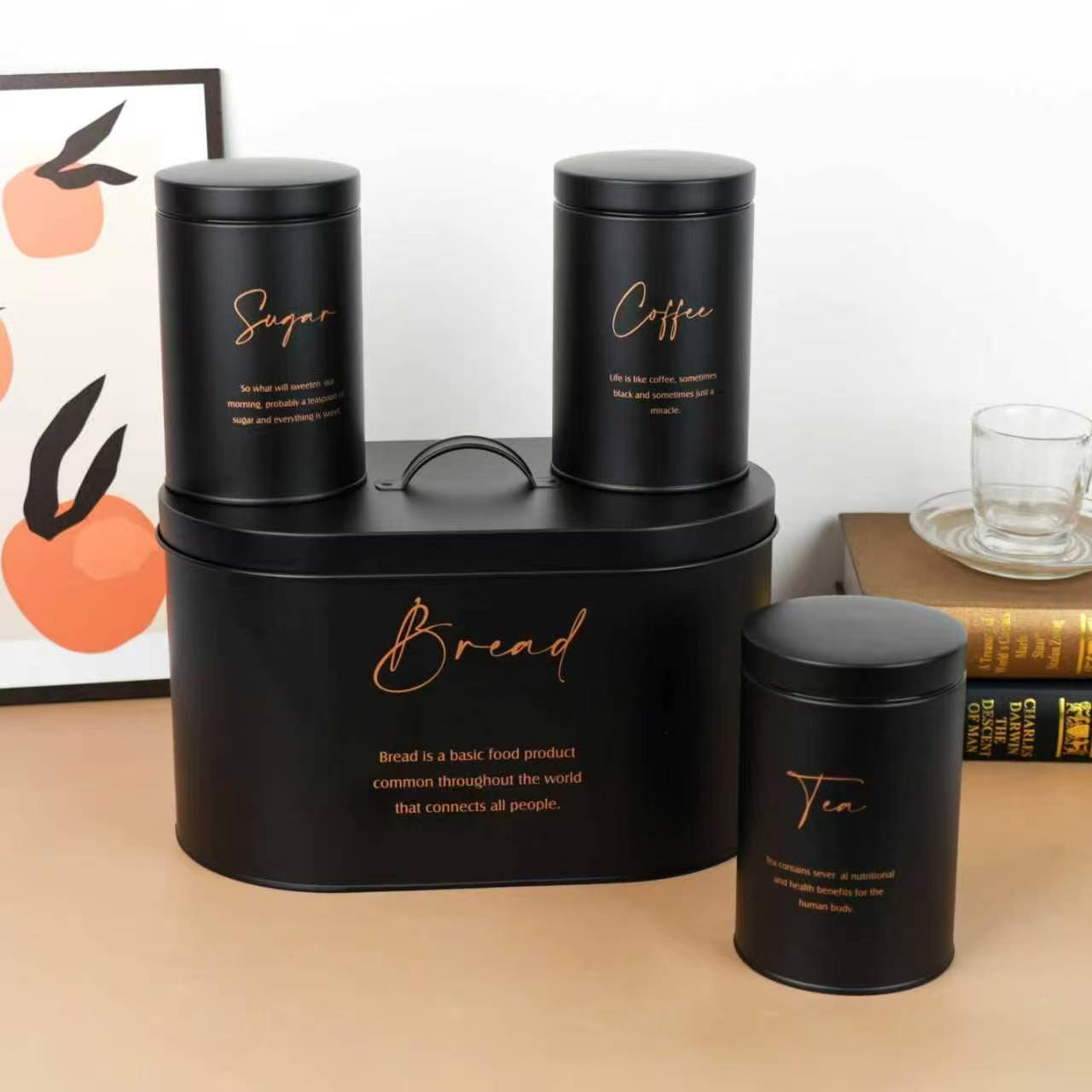 4Pc Metal Bread Box and Tea Sugar Coffee Canister Set