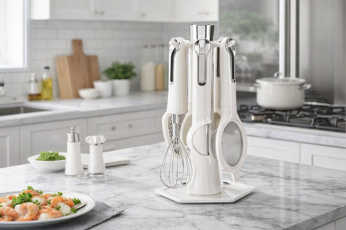 Luxury white and silver kitchen utensil set with stand