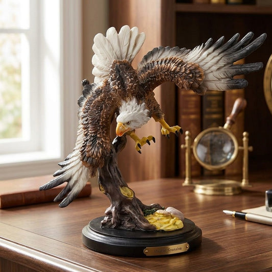 Wooden resin eagle decor sculpture mounted on a base, designed for home and office decoration.