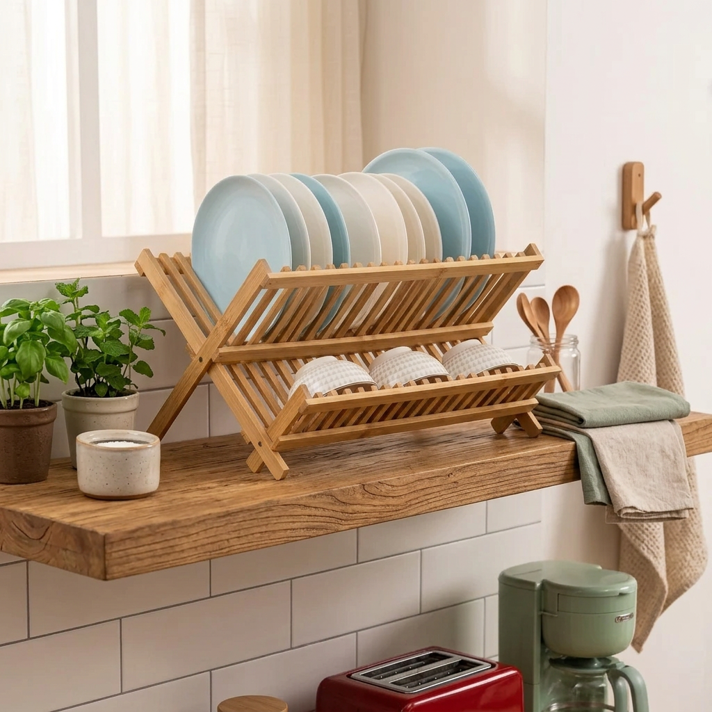 2 Layer Foldable Bamboo Dish Rack